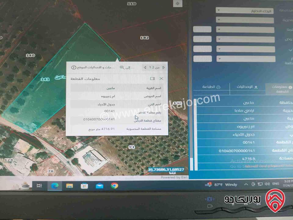 قطعة ارض مساحة 4716م للبيع في مادبا - ماعين بسعر كامل القطعة 50 الف دينار 