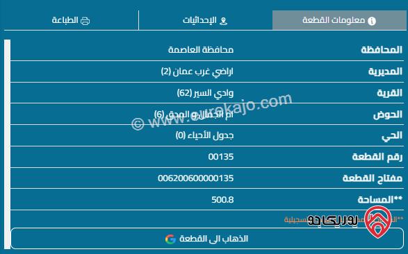 قطعة أرض مساحة 501م للبيع في عمان - وادي السير	