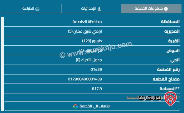 فطعة أرض مساحة 618م للبيع في طبربور	