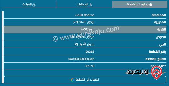 قطعة أرض مساحة 3657م للبيع في السلط