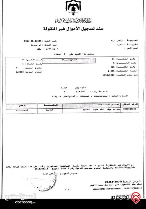 أرض زراعية مساحة 8 دونم للبيع في اربد 