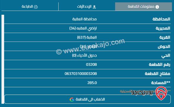 قطعة أرض مساحة 285م للبيع في العقبة - منطقة الشامية	