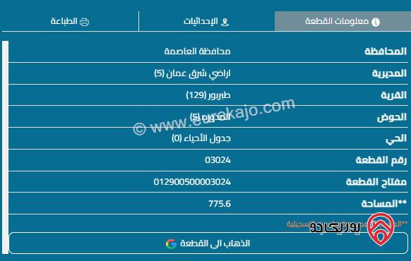 قطعة أرض مساحة 776م للبيع في عمان - طبربور	