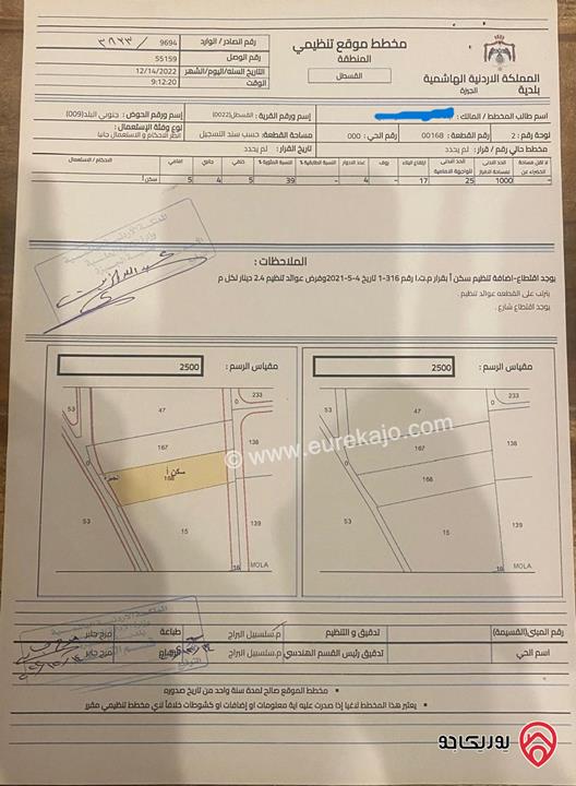 حصة ارض مساحة 444م للبيع في القسطل حوض جنوبي البلد من اراضي جنوب عمان 