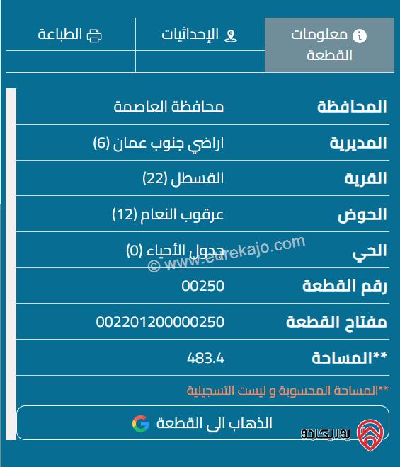 قطعة أرض مساحة 487م للبيع في القسطل حوض عرقوب النعام 