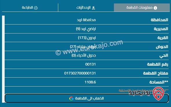 قطعة أرض مساحة 1108م للبيع في اربد - ايدون	