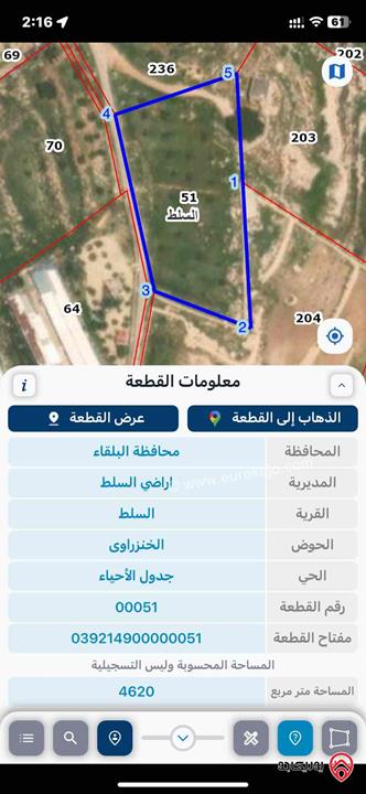 ارض مساحة 4620م واصل جميع الخدمات للبيع في أم خروبه - السلط - الخنزراوي 