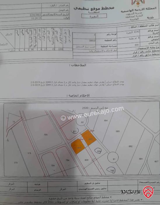 قطعة أرض مفروزة الى قطعتين مساحة القطع 1400م و 1440م للبيع في الموقر 