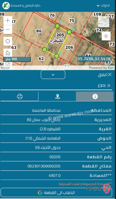 ارض مساحة 4907م للبيع في عمان - القنيطرة حوض الطعامة الشمالي من اراضي جنوب عمان