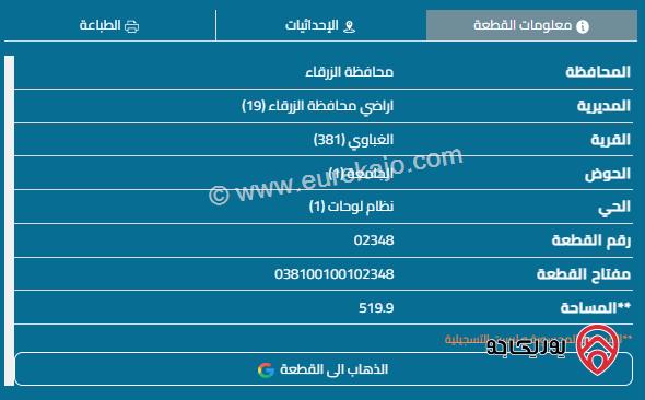 قطعة أرض مساحة 520م للبيع في الزرقاء - الغباوي 