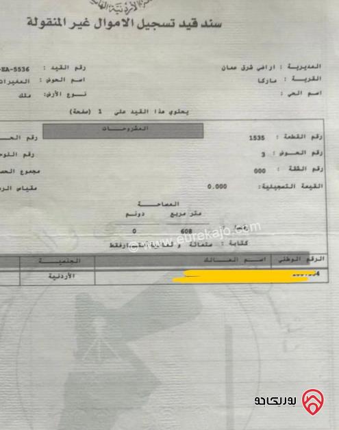 قطعة أرض مساحة 608م للبيع في عمان - ماركا	