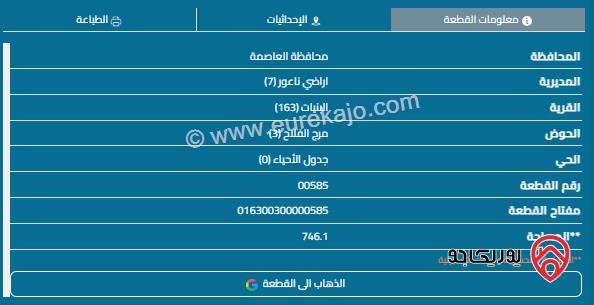 قطعة أرض مساحة 746م للبيع في البنيات 