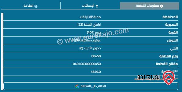 قطعة أرض مساحة 4648م للبيع في السلط 