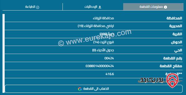 قطعة ارض مساحة 417 م للبيع في الزرقاء - الرصيفة 