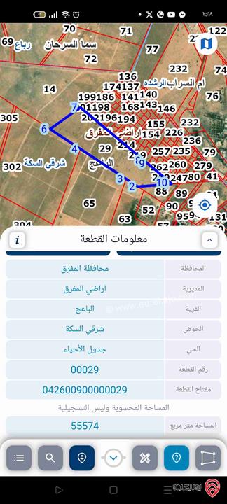 قطعة ارض مساحة 55 دونم للبيع في المفرق - منطقة الباعج حوض 9 رقم 29