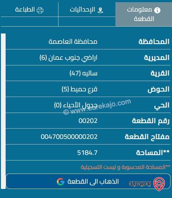 قطعة أرض مساحة 5185م للبيع في عمان - أم الرصاص أراضي جنوب عمان