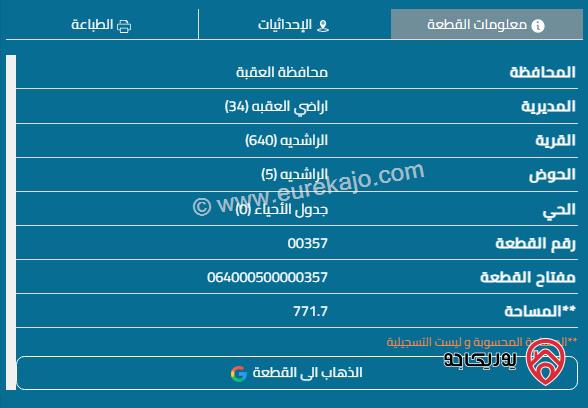 قطعة أرض مساحة 790م للبيع في العقبة - الراشدية حي المدارس 