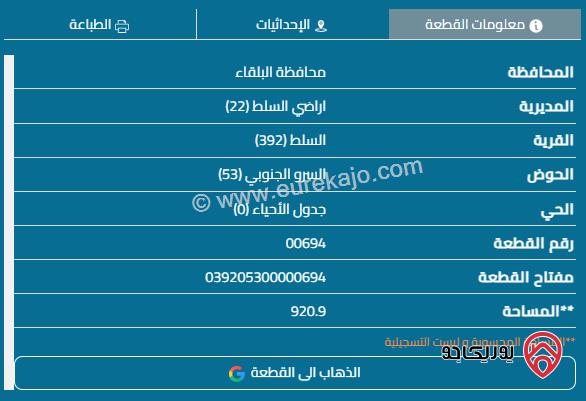 قطعة أرض مساحة 920م للبيع في السلط - السرو الجنوبي