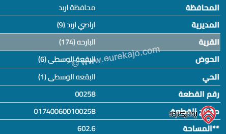 قطعة أرض مساحة 602 م للبيع في اربد - البارحه 