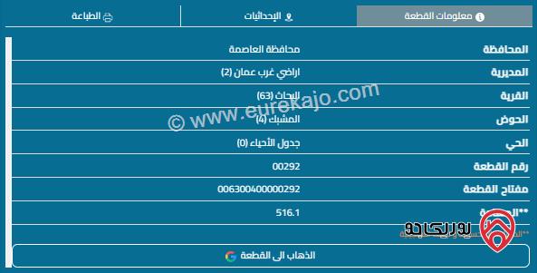 قطعة ارض مساحة 516م للبيع في مرج الحمام 