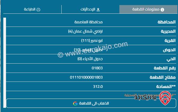 قطعة أرض مساحة 312م للبيع في أبو نصير 