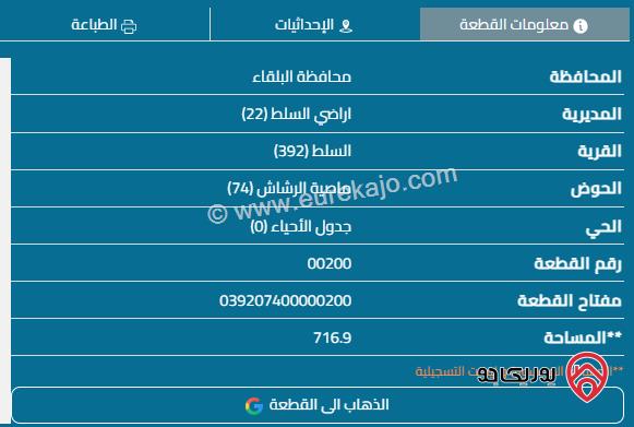 قطعة أرض على 3 شوارع مساحة 716م للبيع في السلط - ماصية الرشاش 