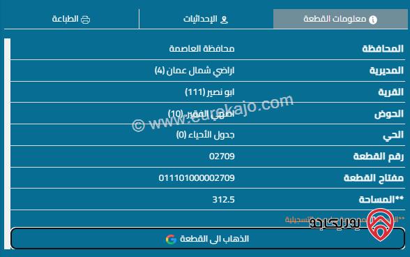 قطعة أرض مساحة 313م للبيع في عمان - أبو نصير 