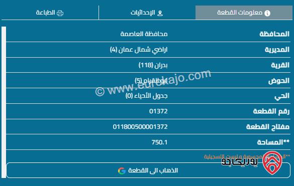 قطعة أرض على شارعين مساحة 750م للبيع في عمان - شفا بدران	