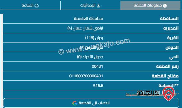 قطعة أرض مساحة 516م للبيع في عمان - شفا بدران 