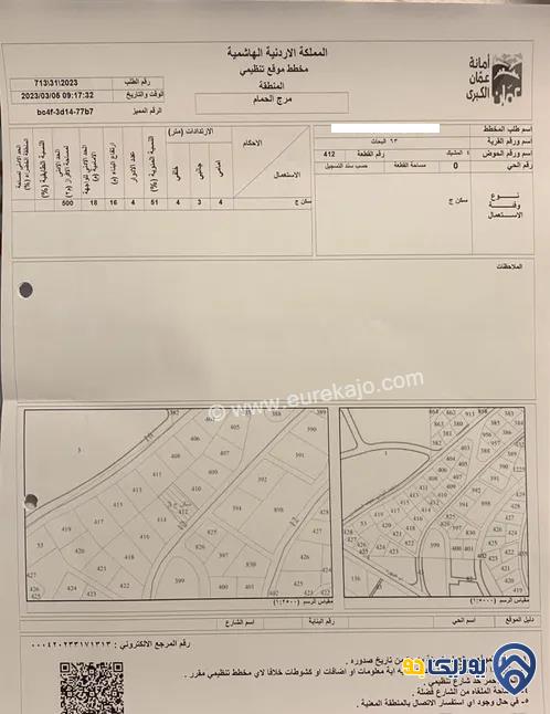 قطعة أرض مساحة 750م للبيع في مرج الحمام