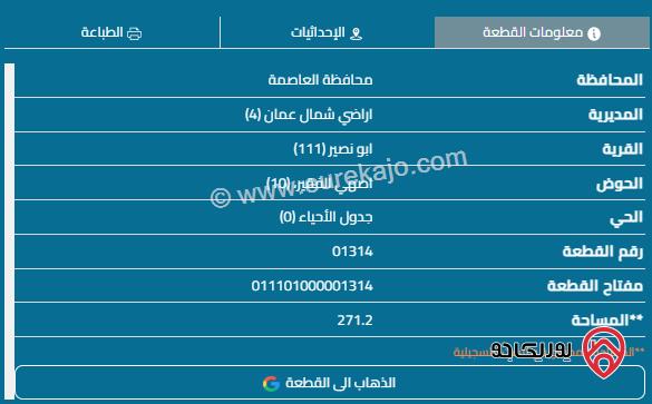 قطعة أرض مساحة 271م للبيع في عمان - أبو نصير	