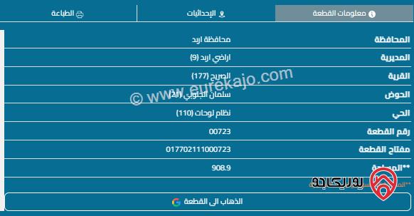 قطعة أرض مساحة 908م للبيع في اربد - الصريح 