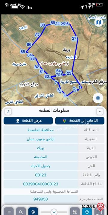 أرض مساحة 955 دونم للبيع من أراضي جنوب عمان - الجيزة بريك