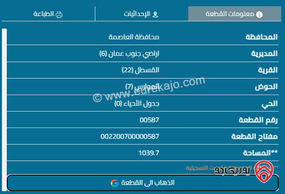 قطعة ارض مساحة 1050م للبيع في عمان - منطقة القسطل حوض الموارس سكن ج