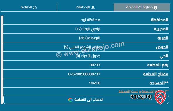 قطعة ارض مساحة 1049م للبيع في الرمثا - البويضة