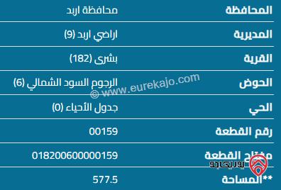 قطعة أرض مساحة 577م للبيع في اربد - بشرى