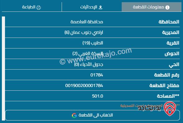 قطعة أرض مساحة 501م للبيع في عمان - منطقة الطنيب