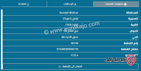 قطعة أرض مساحة 1137م للبيع في البنيات 