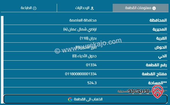 قطعة أرض مساحة 524م للبيع في عمان - شفا بدران	