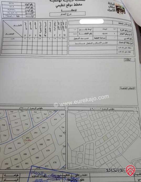 قطعة أرض على شارعين مساحة 757م للبيع في عمان - مرج الحمام