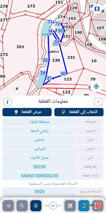 قطعة أرض مساحة 6 دونم للبيع في البلقاء - ماحص موقع مميز جدا