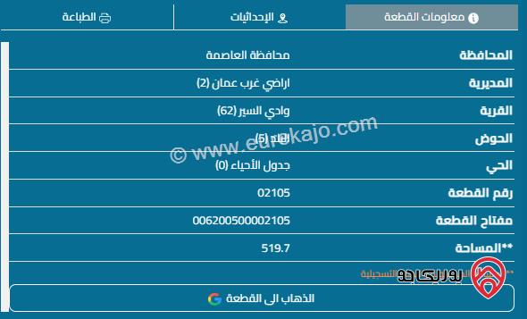 قطعة أرض مساحة 520 متر للبيع في عمان - منطقة النعير وادي السير