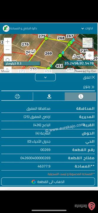 قطعة أرض مساحة 46 دونم للبيع في المفرق - منطقة الباعج حوض الشرعة