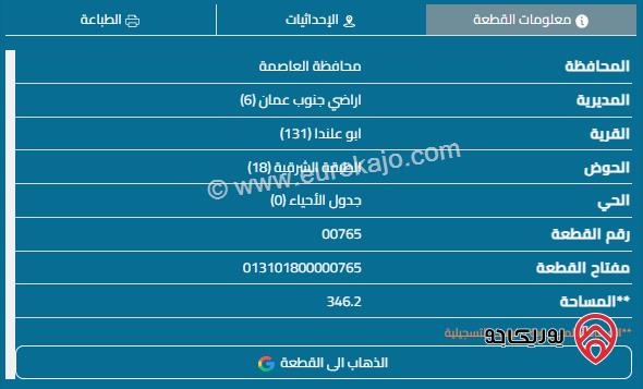 قطعة أرض مساحة 346م للبيع في عمان - أبو علندا 