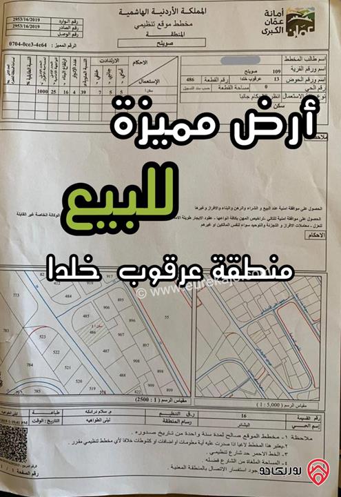 أرض مميزة مساحة 1023م للبيع في عمان - منطقة عرقوب خلدا قرب صناعية صويلح