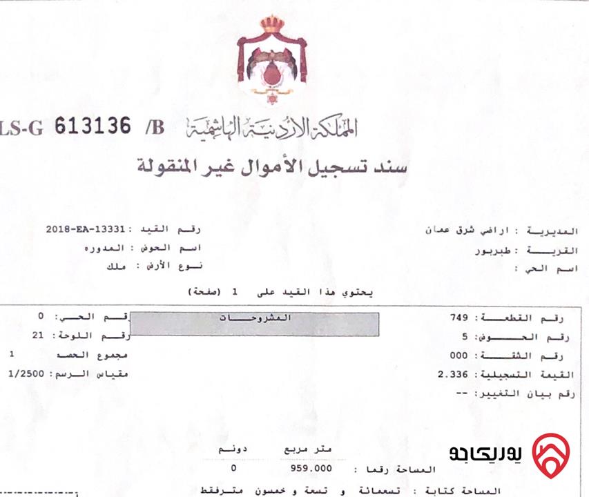 قطعة ارض ذات منسوب للاسكان مساحة 959م للبيع في عمان - طبربور