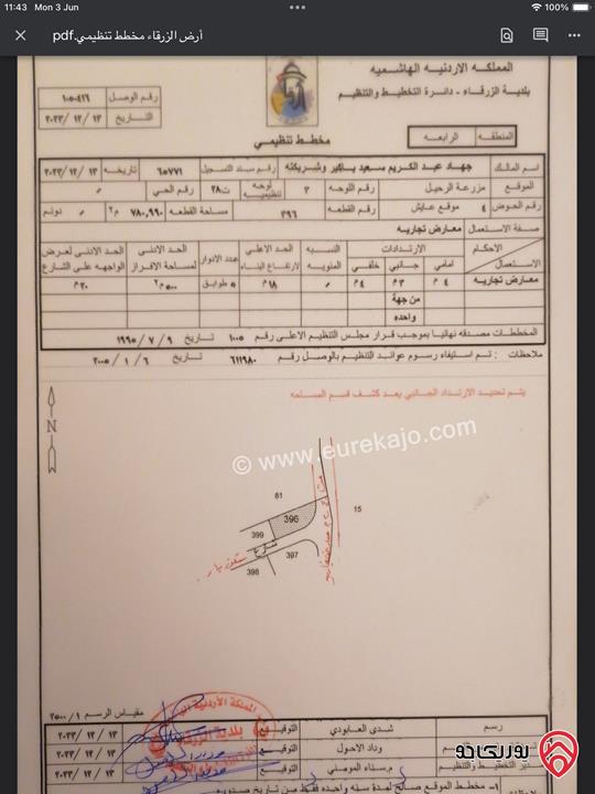 قطعة ارض تجارية مساحة 780م للبيع في الزرقاء - مزرعة الرحيل