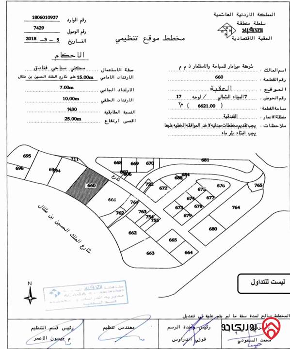 قطعة أرض سياحي فندقي على شارعين مساحة 6621م للبيع في العقبة