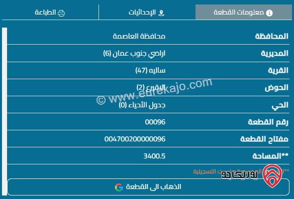 قطعة أرض مساحة 3400م للبيع في عمان - أم الرصاص قرية ساليه أراضي جنوب عمان