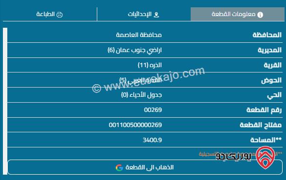 قطعة أرض مساحة 3400م للبيع في جنوب عمان قرية الذره حوض 5 القدره الغربي قطعة رقم 269